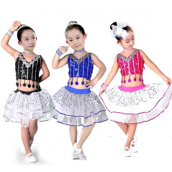 Fuchsia black royal blue sequined patchwork girls kids child children